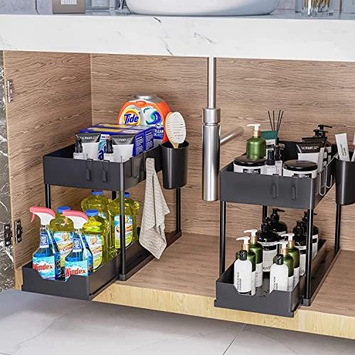 SKY-TOUCH Under Sink Storage Organizer with Double Sliding Drawers & Hooks – Black – 15.6x8.6x13.2cm