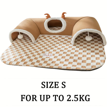 Teddy Bear Cat Bed with Tunnel Toy – Cozy, Crinkle, All-Season