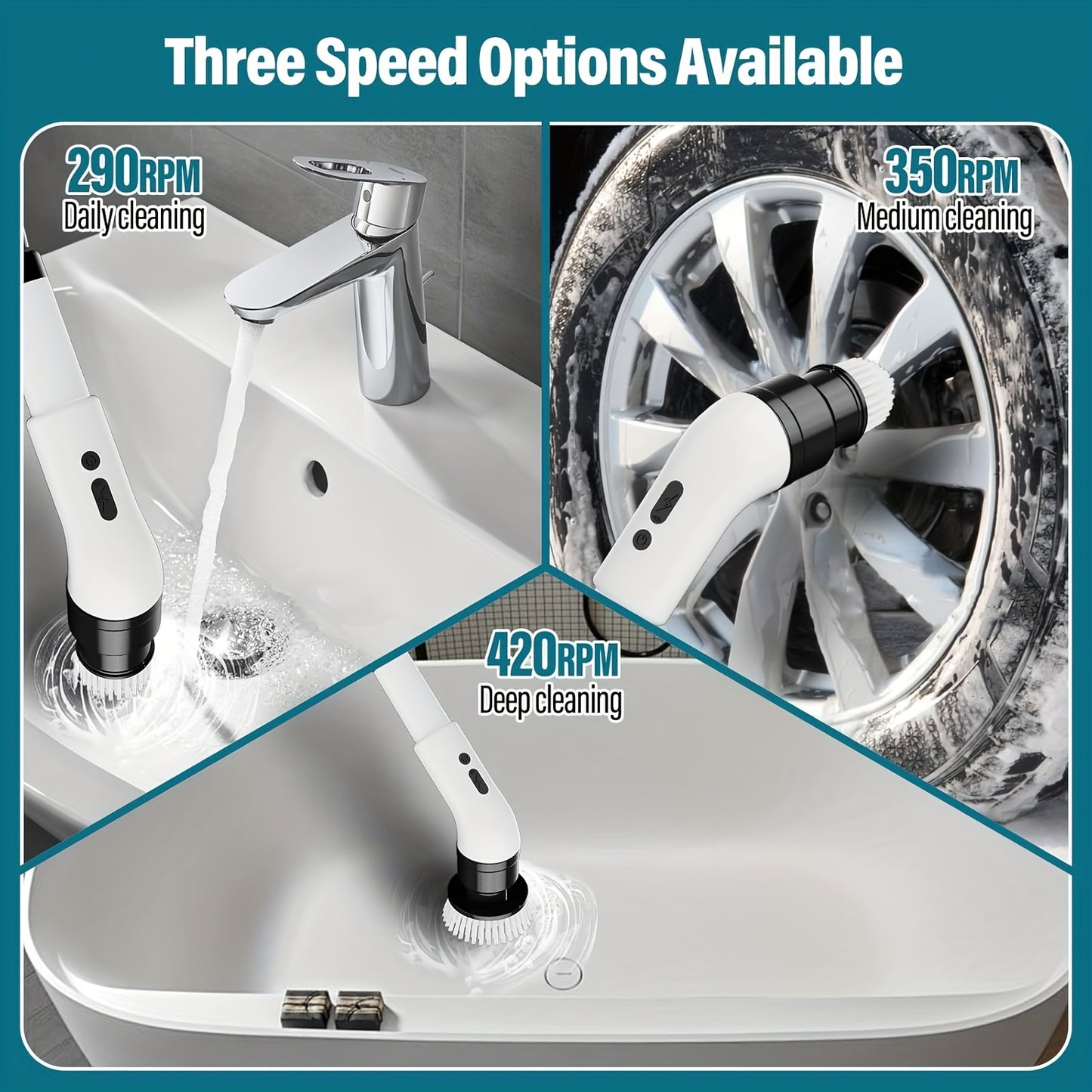 Cordless Electric Rotary Scrubber – 3-Speed Handheld Cleaner with 9/6 Brush Heads & Adjustable Handle – USB-C Charging
