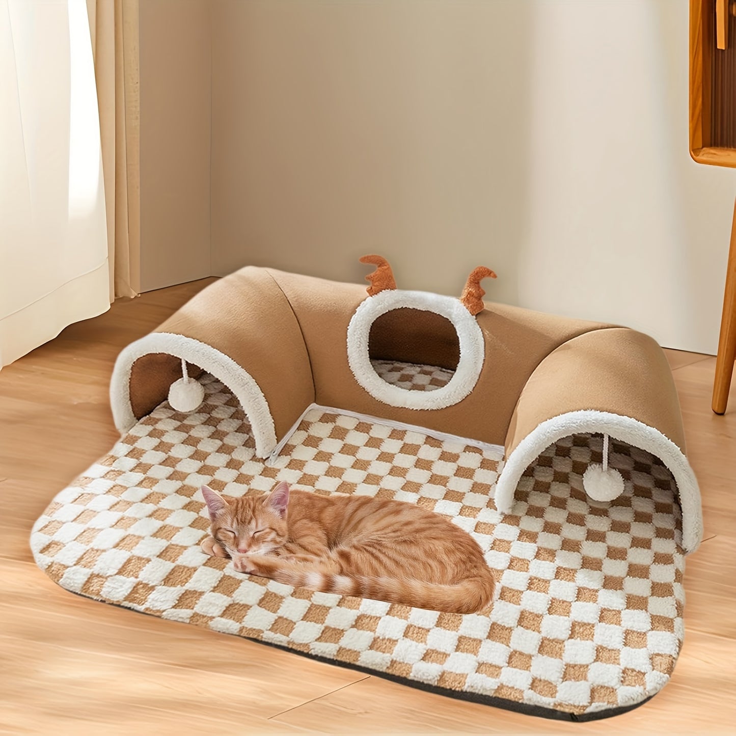 Teddy Bear Cat Bed with Tunnel Toy – Cozy, Crinkle, All-Season