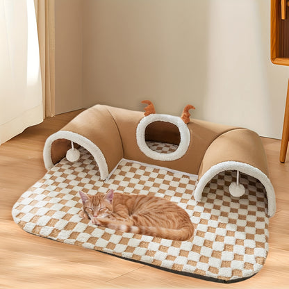 Teddy Bear Cat Bed with Tunnel Toy – Cozy, Crinkle, All-Season