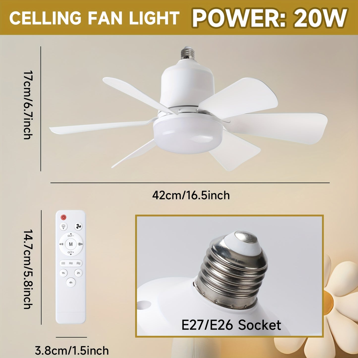 Socket Fan Light with Remote – E27/E26, Dimmable LED & Quiet Airflow
