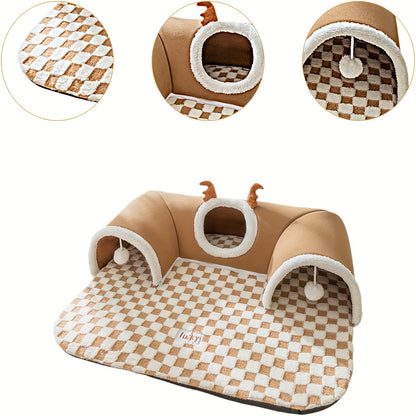 Teddy Bear Cat Bed with Tunnel Toy – Cozy, Crinkle, All-Season