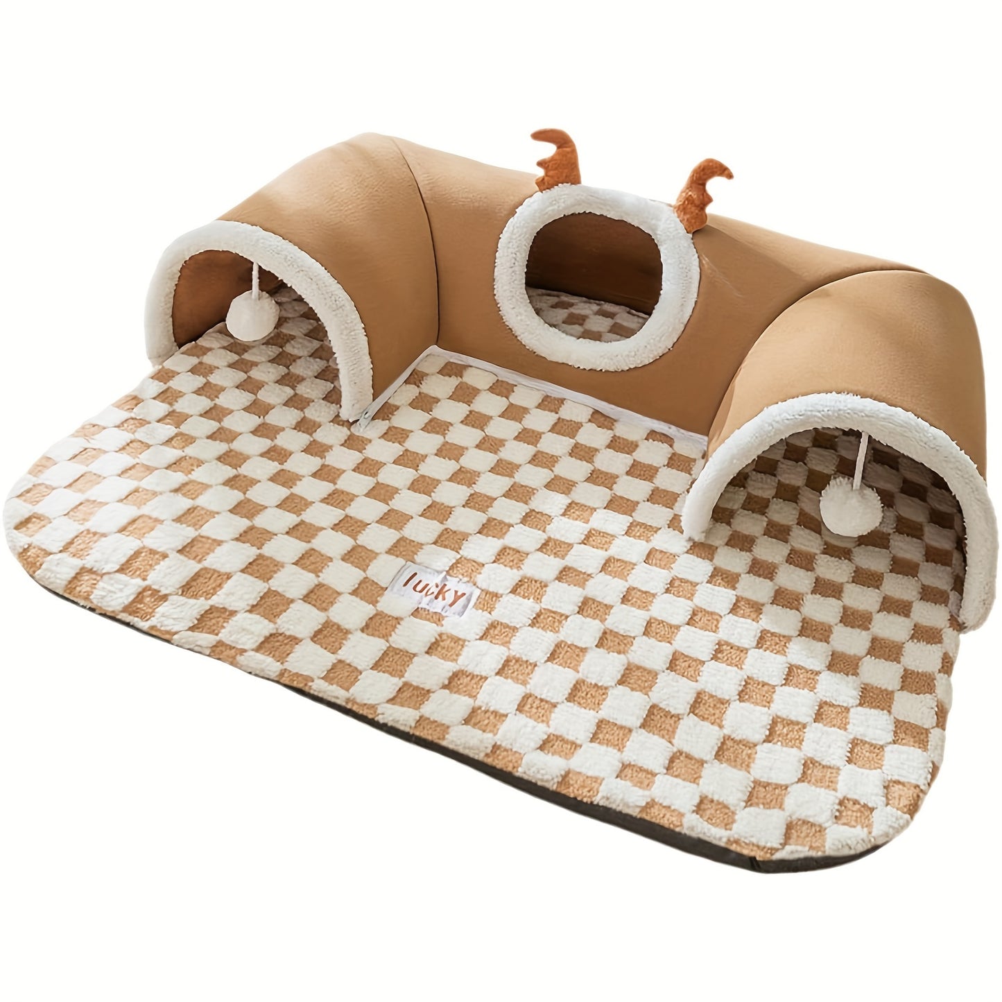 Teddy Bear Cat Bed with Tunnel Toy – Cozy, Crinkle, All-Season