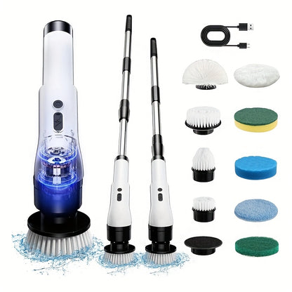Cordless Electric Rotary Scrubber – 3-Speed Handheld Cleaner with 9/6 Brush Heads & Adjustable Handle – USB-C Charging