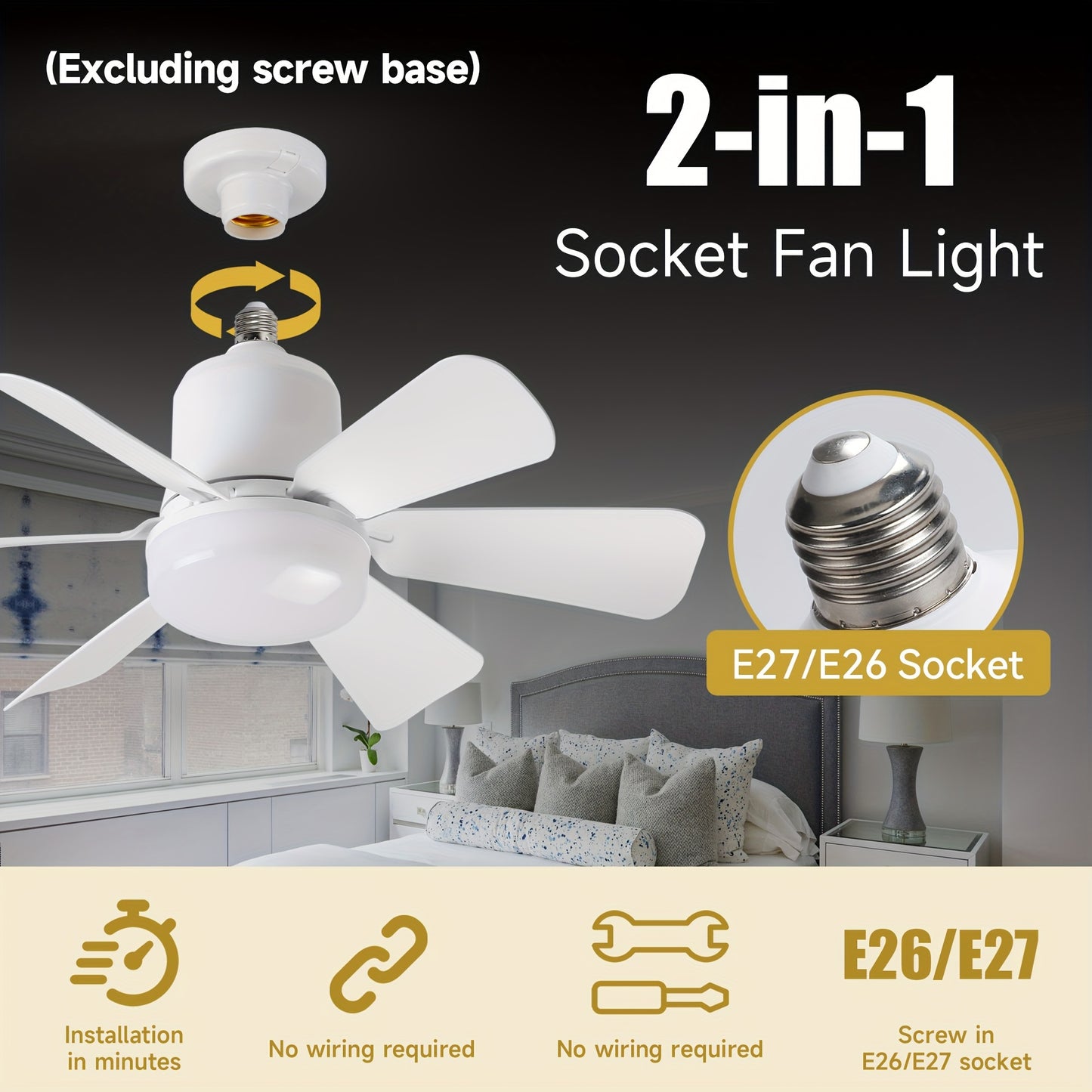 Socket Fan Light with Remote – E27/E26, Dimmable LED & Quiet Airflow