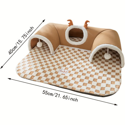 Teddy Bear Cat Bed with Tunnel Toy – Cozy, Crinkle, All-Season