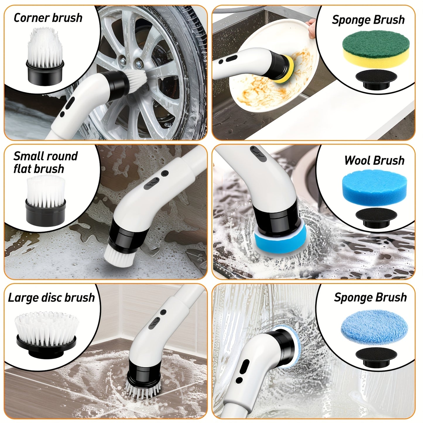 Cordless Electric Rotary Scrubber – 3-Speed Handheld Cleaner with 9/6 Brush Heads & Adjustable Handle – USB-C Charging