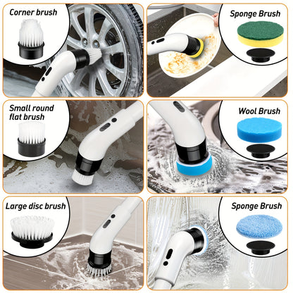 Cordless Electric Rotary Scrubber – 3-Speed Handheld Cleaner with 9/6 Brush Heads & Adjustable Handle – USB-C Charging