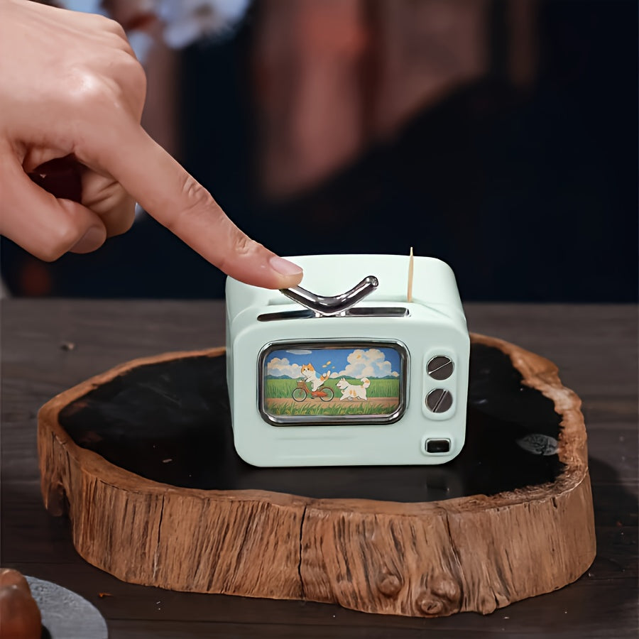 Retro TV Toothpick Holder – Pop-Up Automatic Dispenser, Multi-Color Plastic – Fun Dining & Party Table Decor