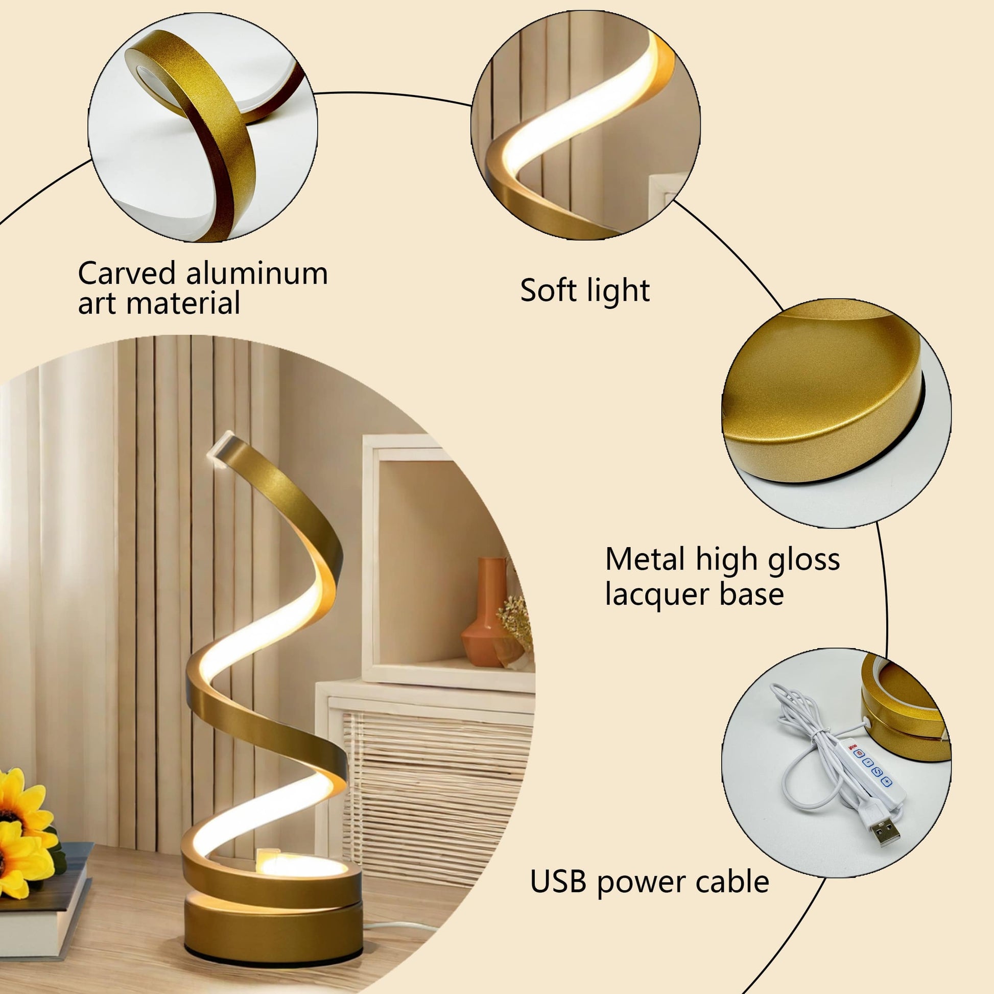 Spiral LED Table Lamp – Dimmable USB Desk Light with Adjustable Gooseneck - Zeal Cart