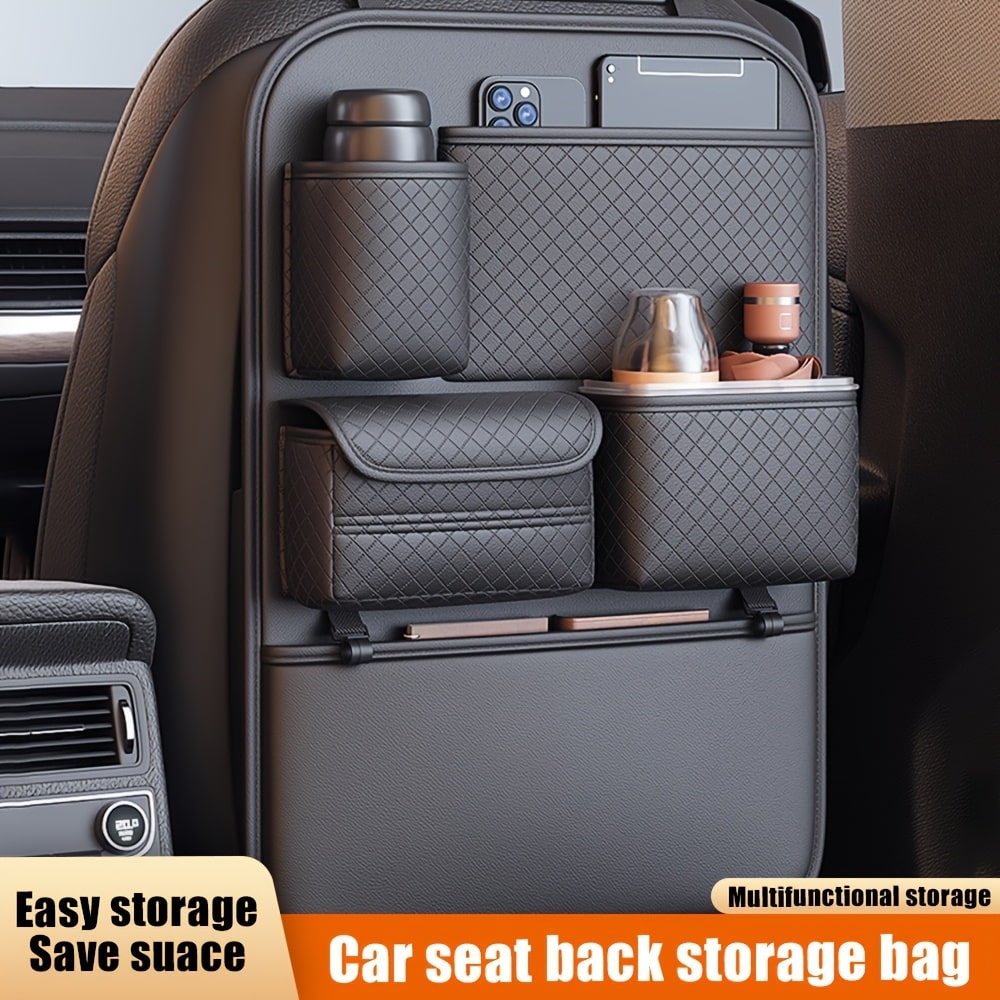 Black Leather Car Seat Back Organizer – Multi-Compartment Storage for Accessories - Zeal Cart
