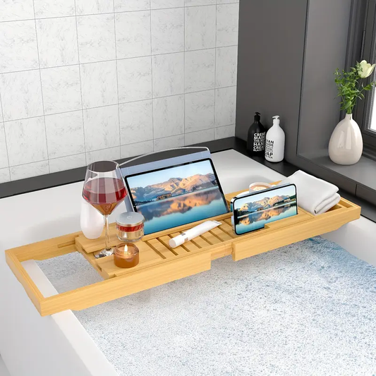 Expandable Bamboo Bathtub Tray – Luxury Spa Caddy with Wine & Book Holder - Zeal Cart