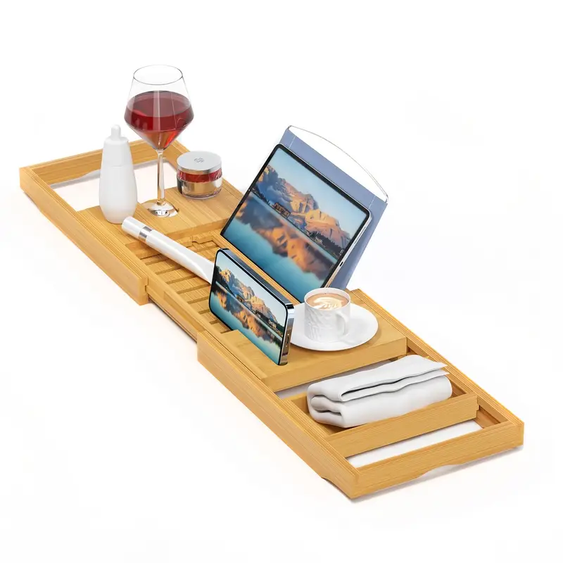 Expandable Bamboo Bathtub Tray – Luxury Spa Caddy with Wine & Book Holder - Zeal Cart