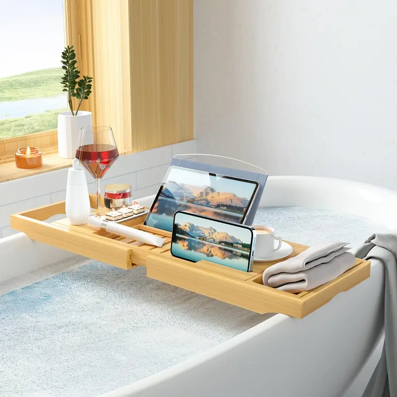 Expandable Bamboo Bathtub Tray – Luxury Spa Caddy with Wine & Book Holder - Zeal Cart