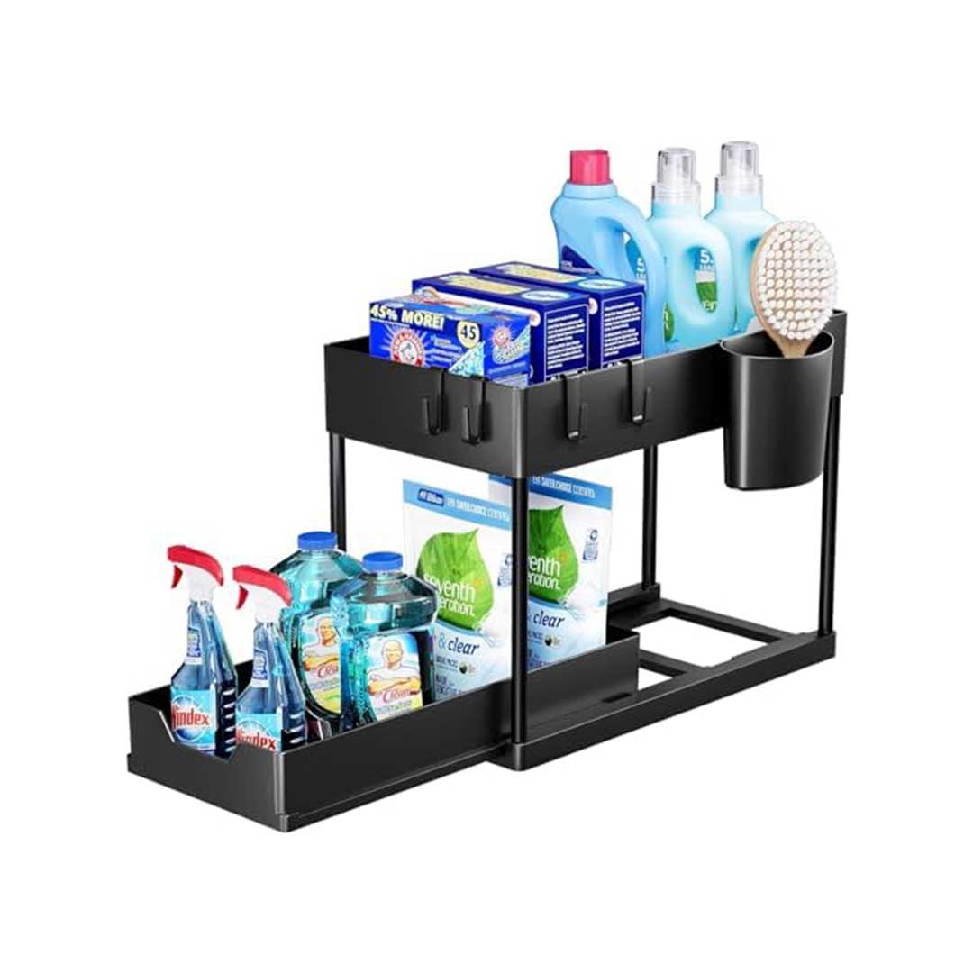 SKY-TOUCH Under Sink Storage Organizer with Double Sliding Drawers & Hooks – Black – 15.6x8.6x13.2cm