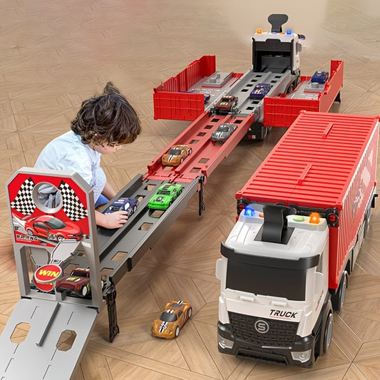 Multifunctional Alloy Car Transport Truck Set – Double-Layer Parking Track with 8 Racing Cars, Educational Toy for Kids 3+ (Test) - Zeal Cart