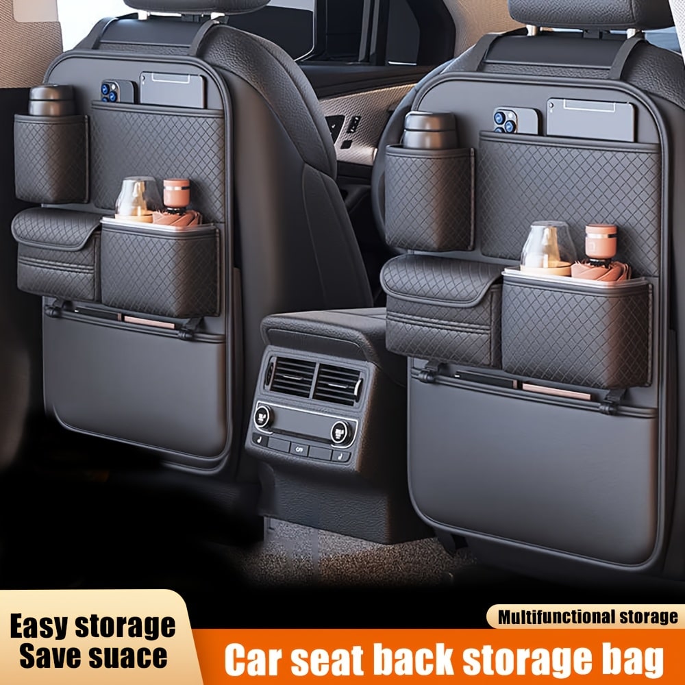 Black Leather Car Seat Back Organizer – Multi-Compartment Storage for Accessories - Zeal Cart