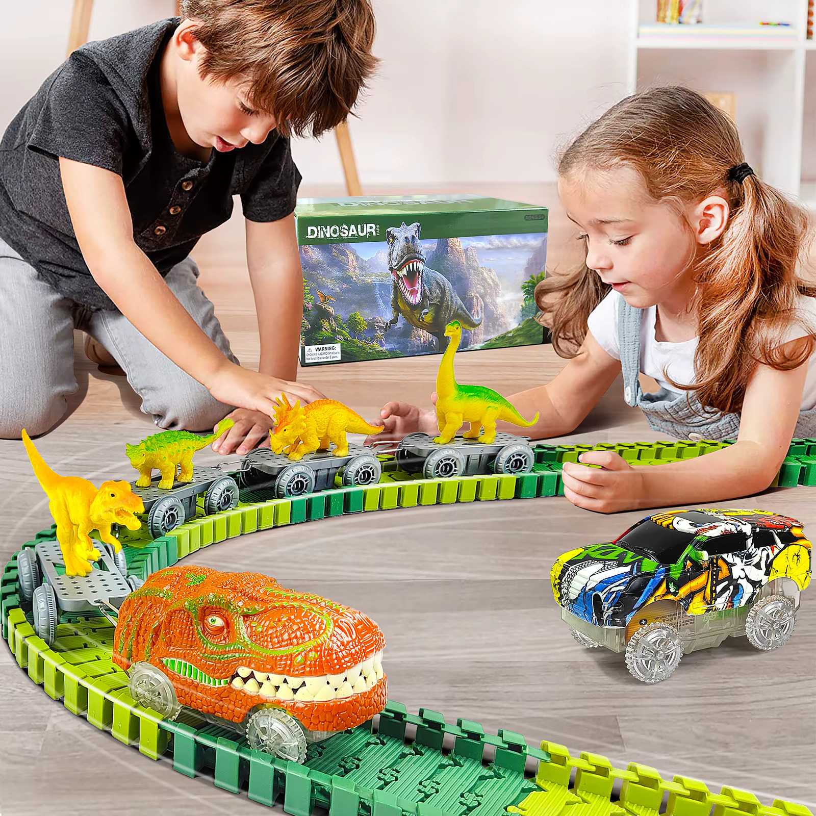Dinosaur Train Track Racing Set – Flexible Race Track with Flash Light Car | Educational Toy for Kids - Zeal Cart