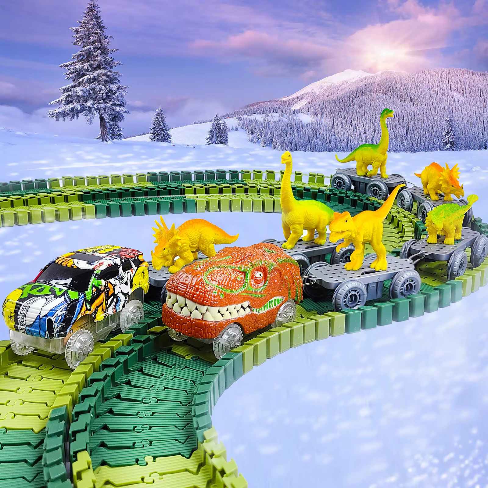 Dinosaur Train Track Racing Set – Flexible Race Track with Flash Light Car | Educational Toy for Kids - Zeal Cart